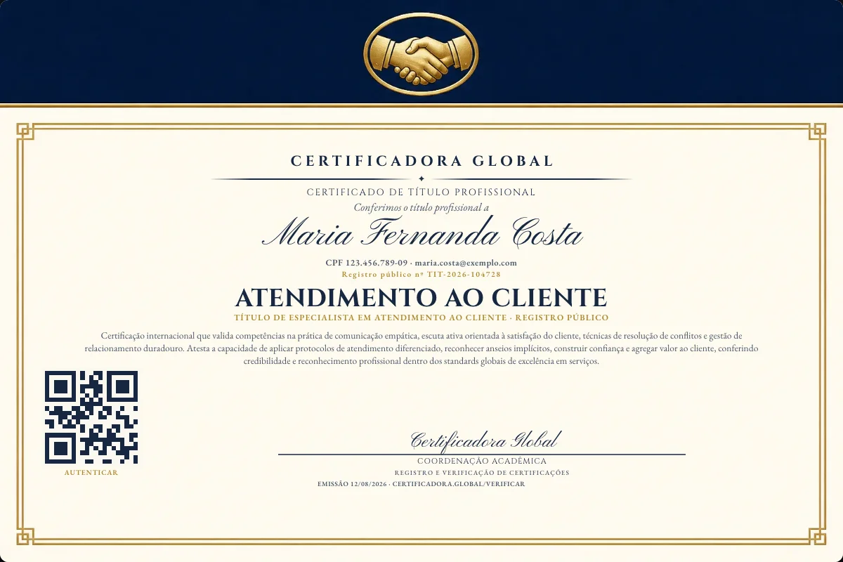 Certificado de Título profissional de Atendimento ao Cliente — modelo real com registro público. Documento de exemplo.