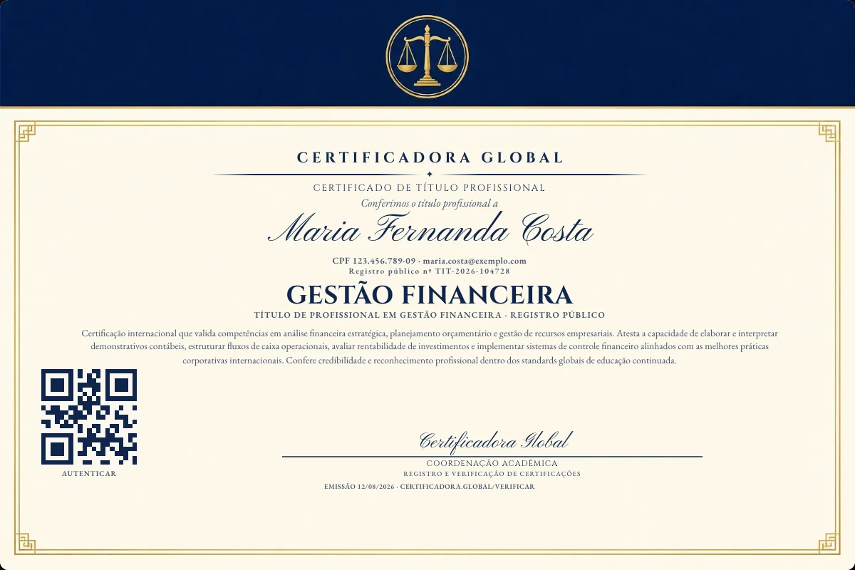 Certificado de Título profissional de Gestão Financeira — modelo real com registro público. Documento de exemplo.