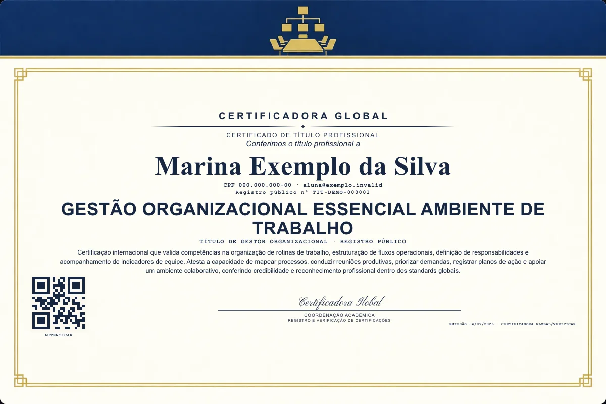 Certificado de Título profissional de Gestão Organizacional Essencial Ambiente de Trabalho — modelo real com registro público. Documento de exemplo.