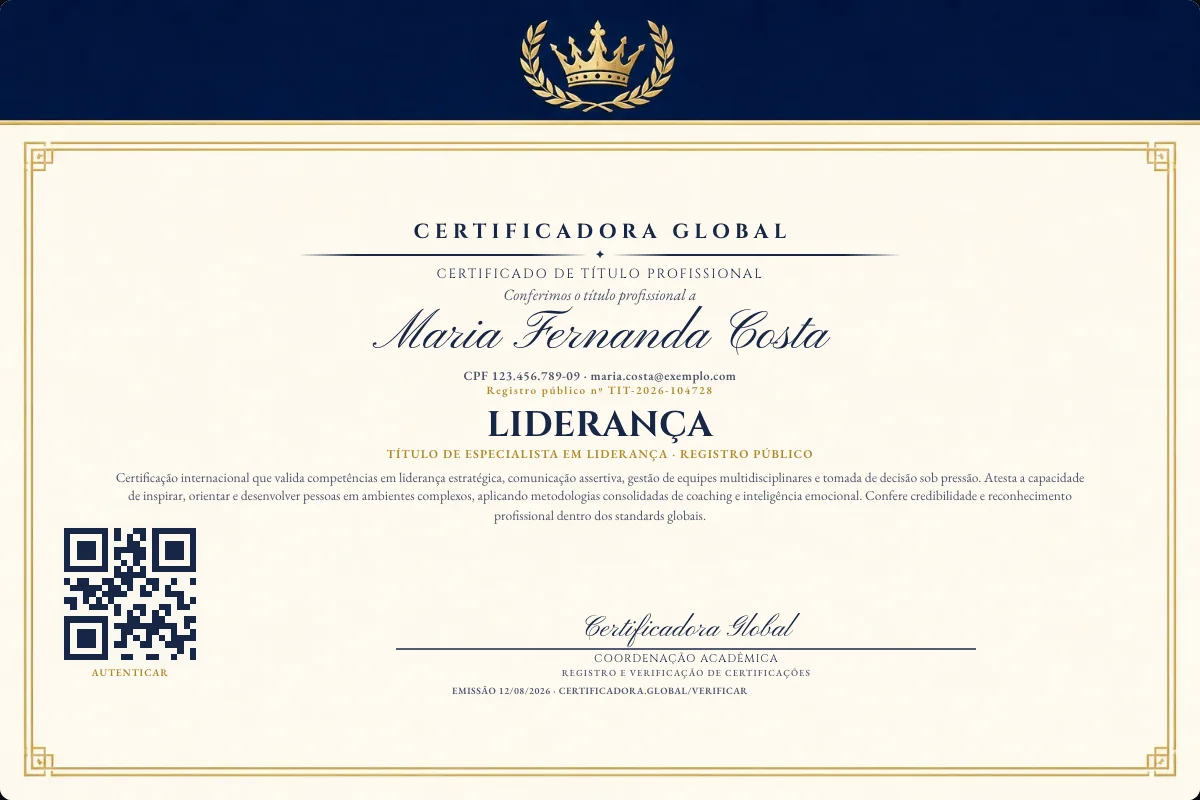 Certificado de Título profissional de Liderança — modelo real com registro público. Documento de exemplo.