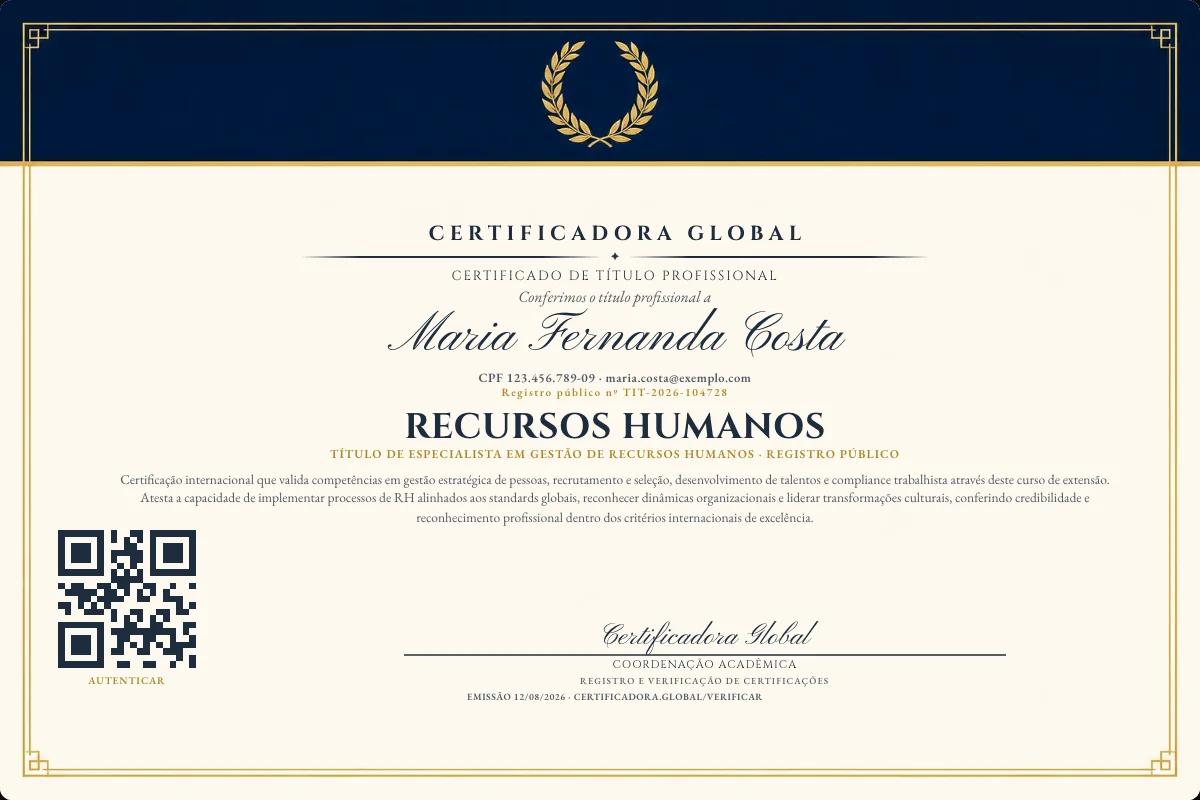 Certificado de Título profissional de Recursos Humanos — modelo real com registro público. Documento de exemplo.