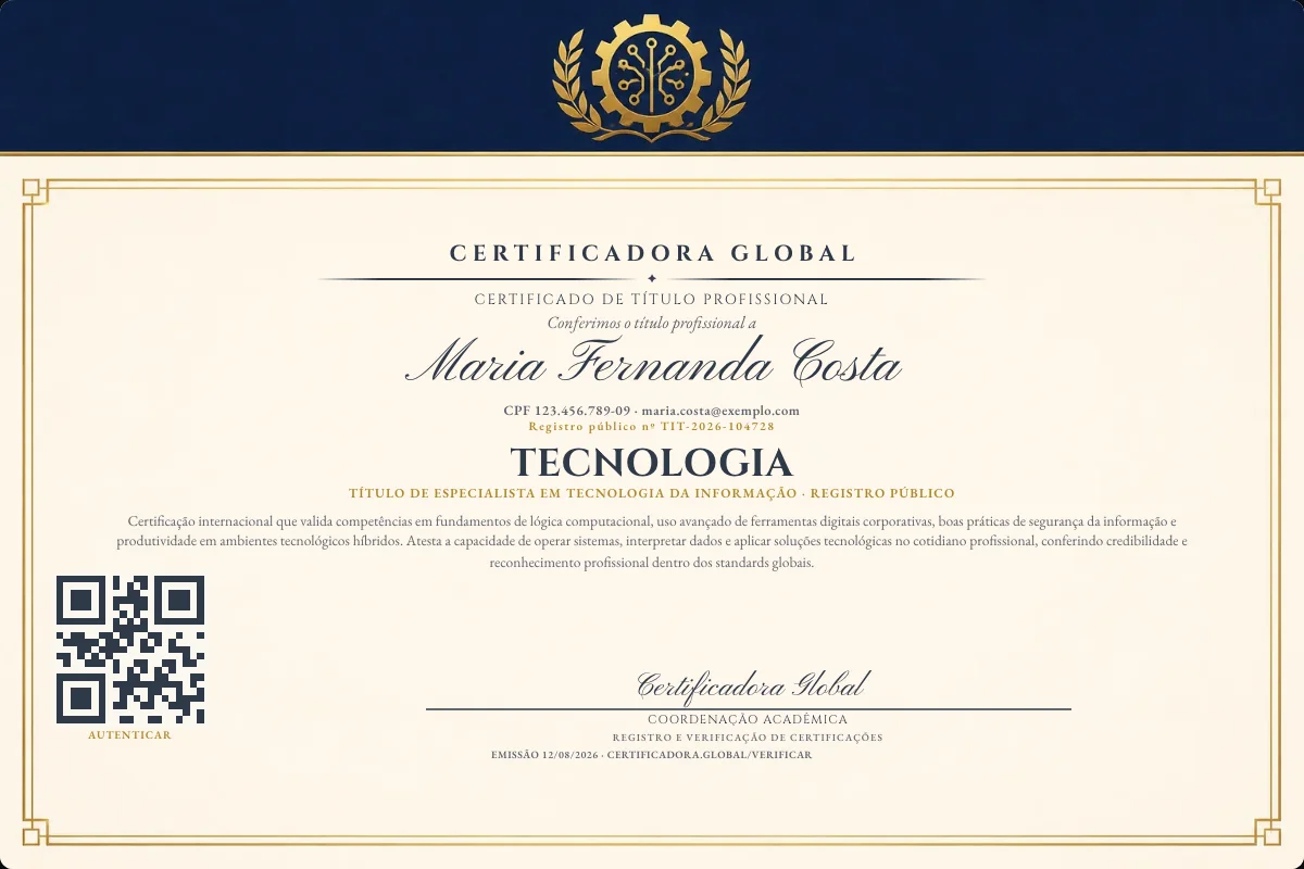 Certificado de Título profissional de Tecnologia — modelo real com registro público. Documento de exemplo.