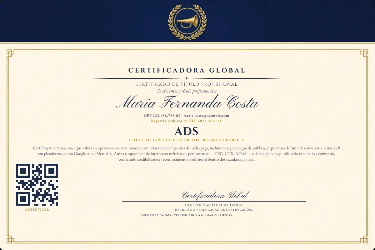 Certificado de Título profissional de Ads — modelo real com registro público. Documento de exemplo.