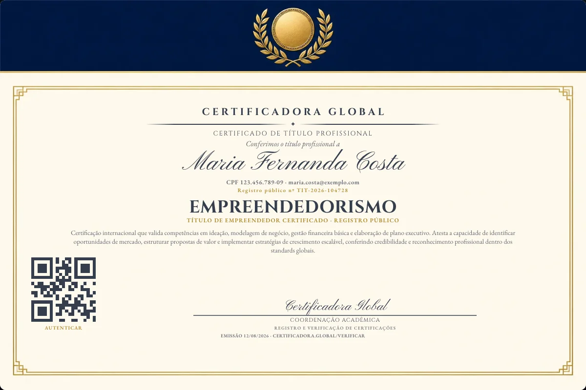 Certificado de Título profissional de Empreendedorismo — modelo real com registro público. Documento de exemplo.