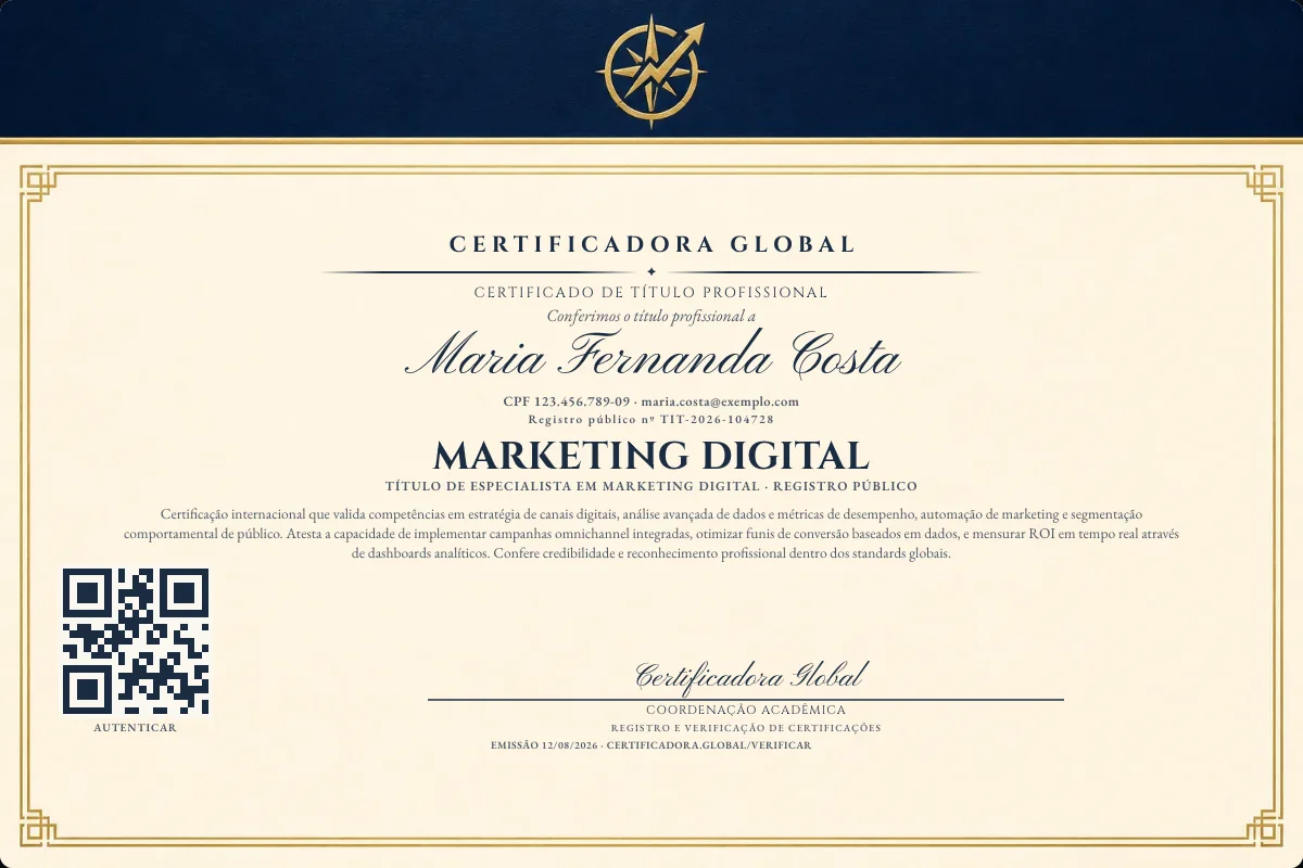 Certificado de Título profissional de Marketing Digital — modelo real com registro público. Documento de exemplo.