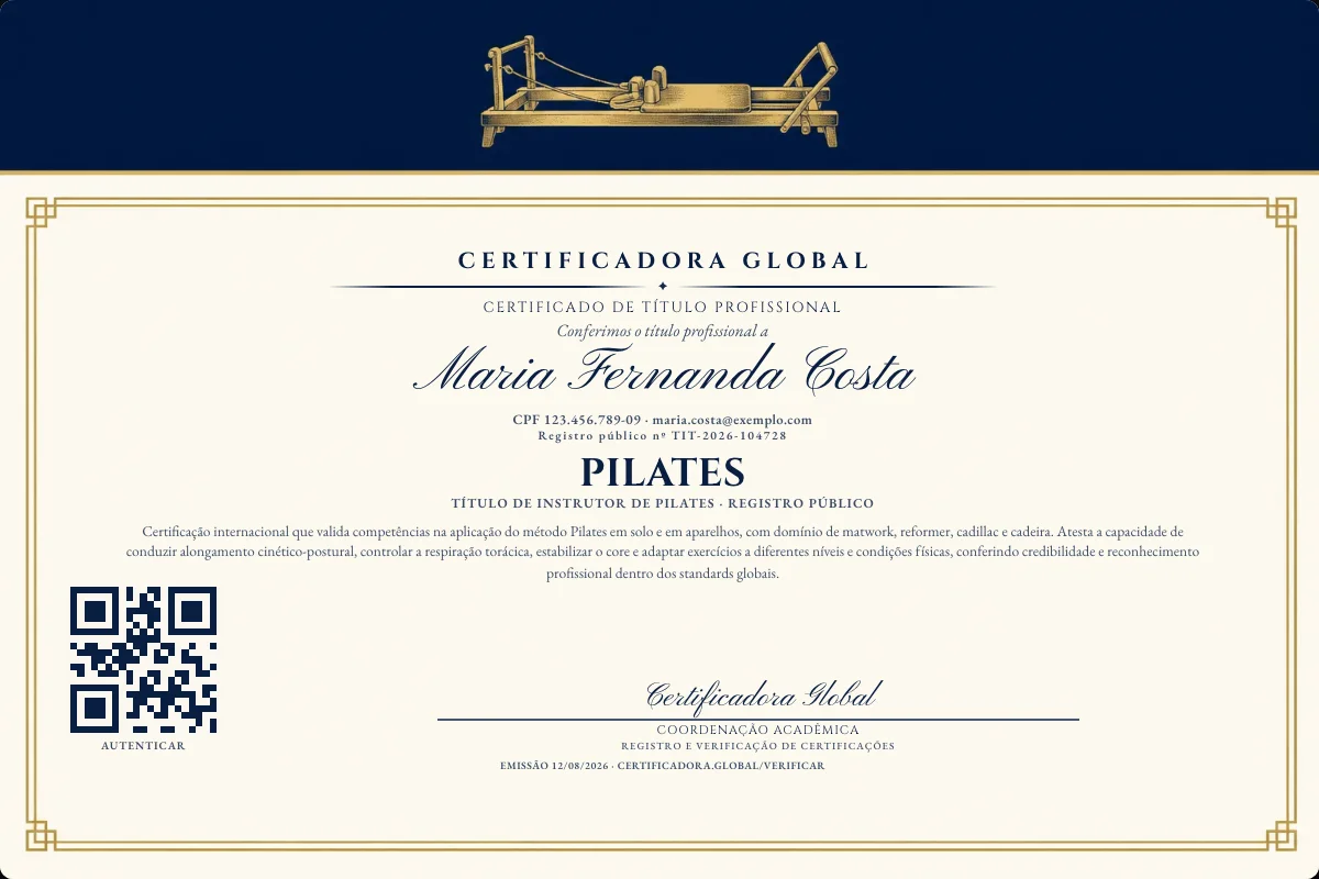 Certificado de Título profissional de Pilates — modelo real com registro público. Documento de exemplo.