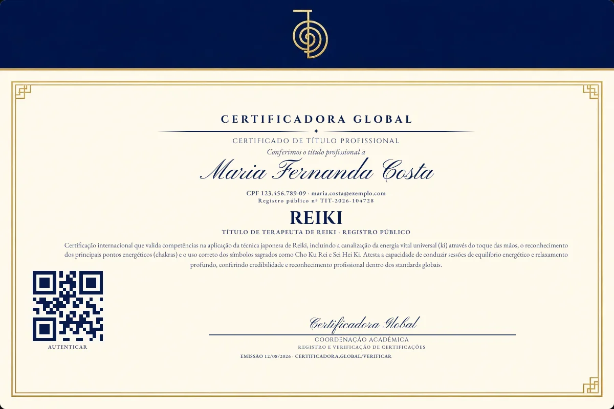 Certificado de Título profissional de Reiki — modelo real com registro público. Documento de exemplo.