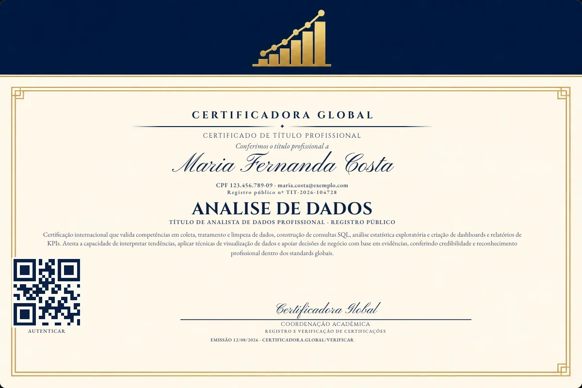 Certificado de Título profissional de Analise de Dados — modelo real com registro público. Documento de exemplo.
