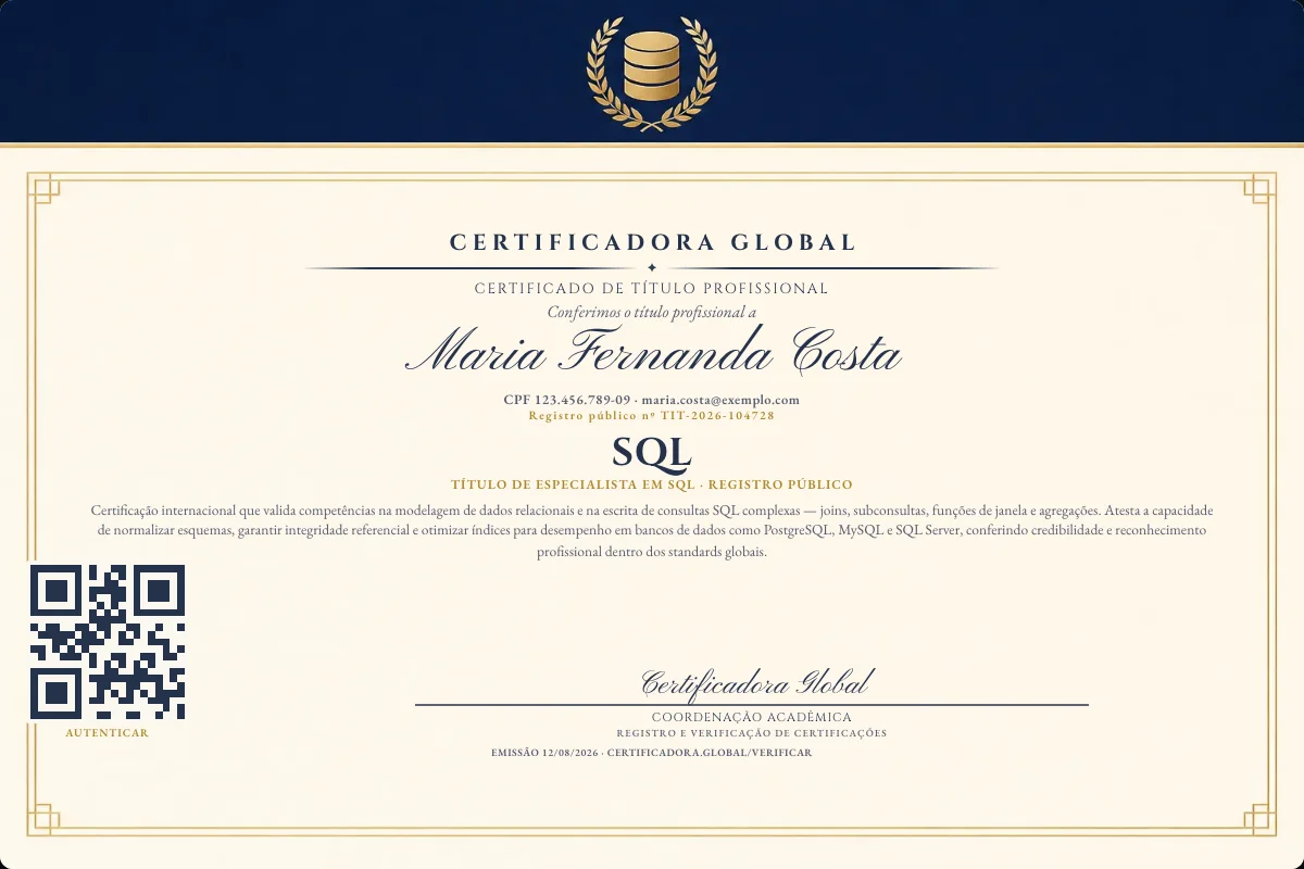 Certificado de Título profissional de SQL — modelo real com registro público. Documento de exemplo.