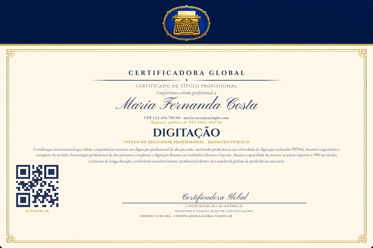 Certificado de Título profissional de Digitação — modelo real com registro público. Documento de exemplo.