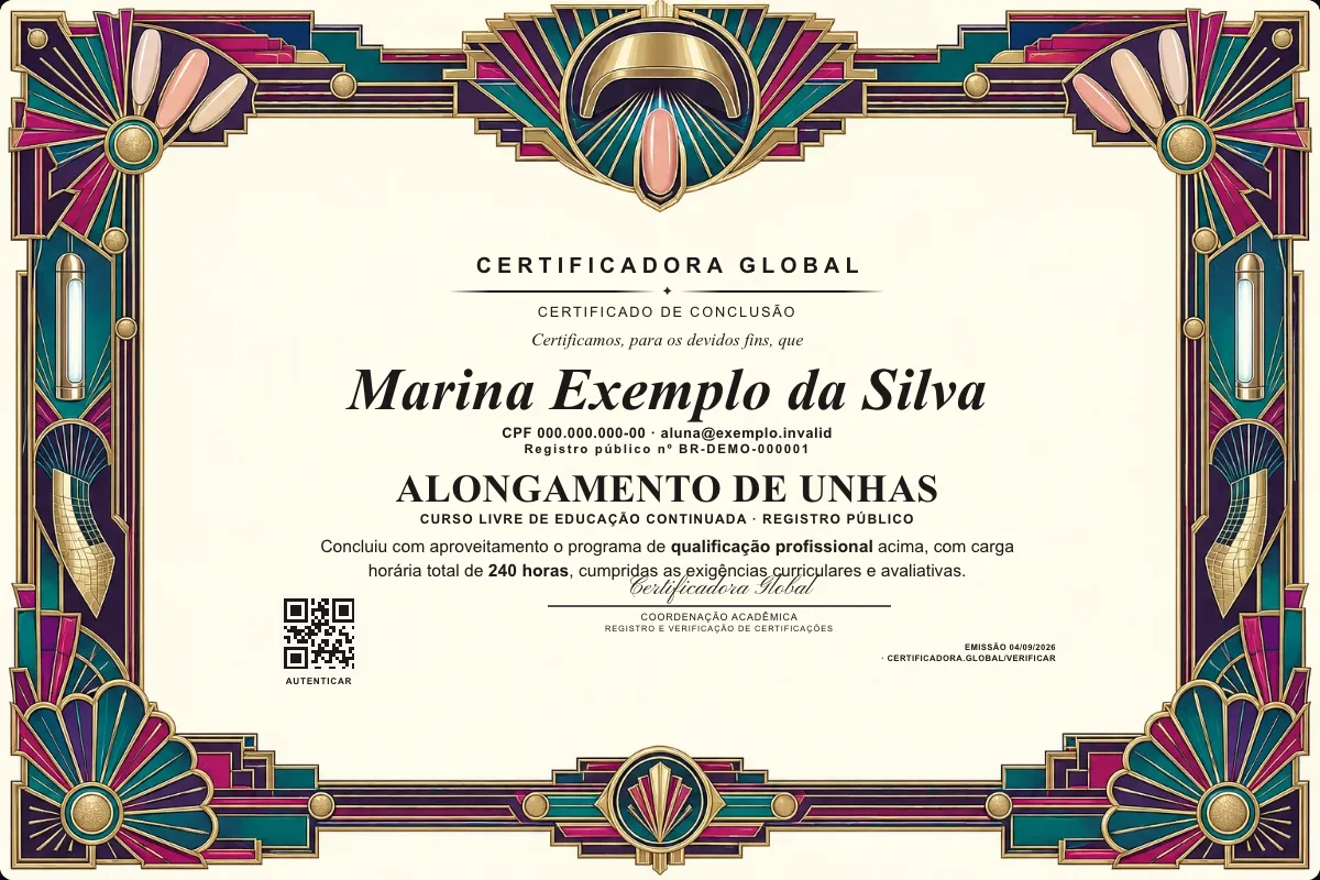 Modelo do certificado de Alongamento de Unhas: registro público, QR de verificação e assinaturas — documento de exemplo com dados fictícios.