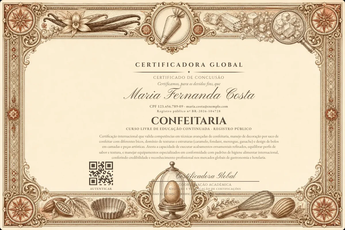 Certificado real do curso Confeitaria