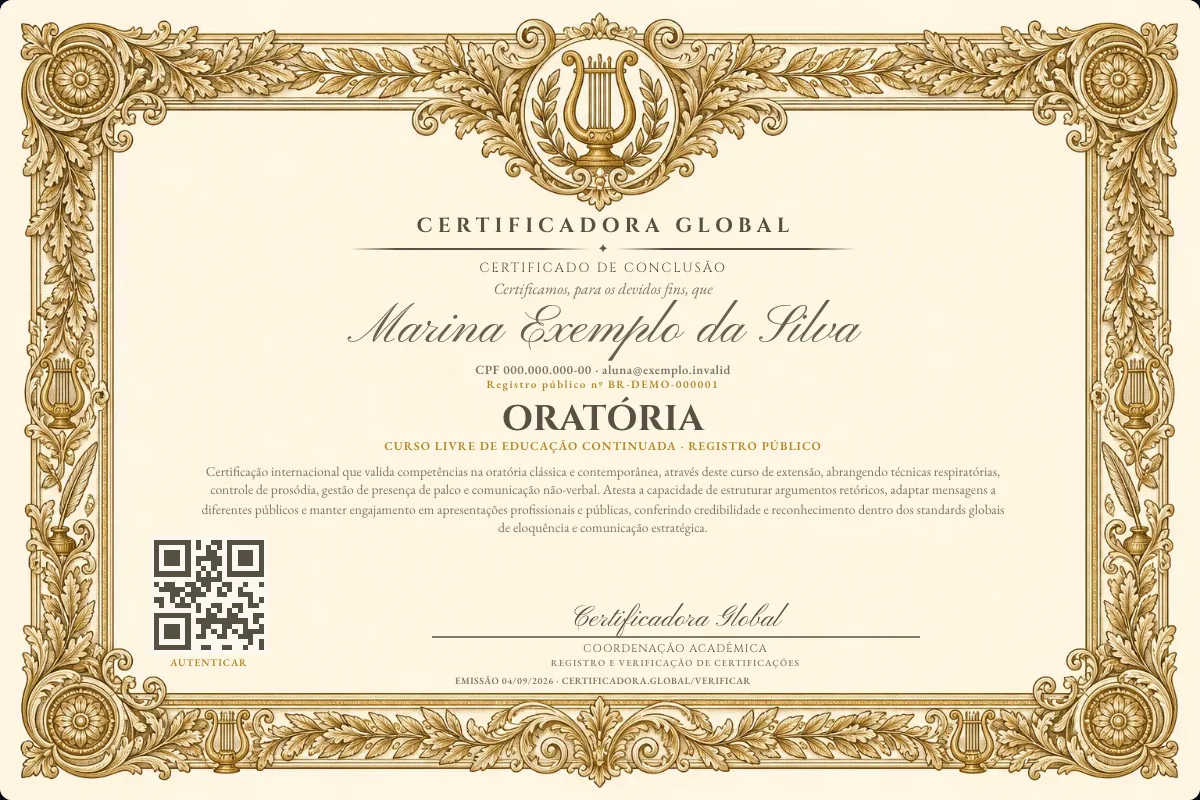 Certificado real do curso Oratória