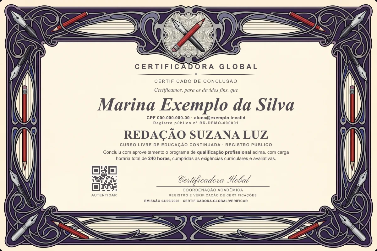 Capa do curso Redação Suzana Luz