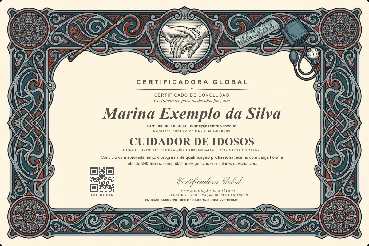 Certificado real do curso Cuidador de Idosos
