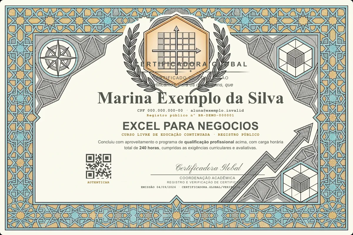 Capa do curso Excel para Negocios