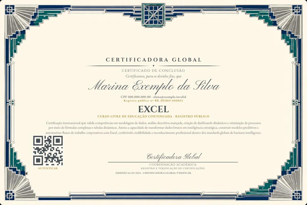 Certificado real do curso Excel