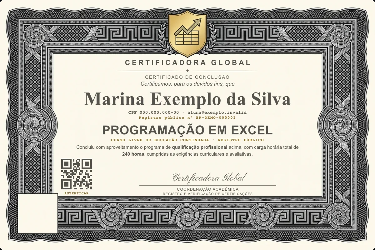 Capa do curso Programação em Excel