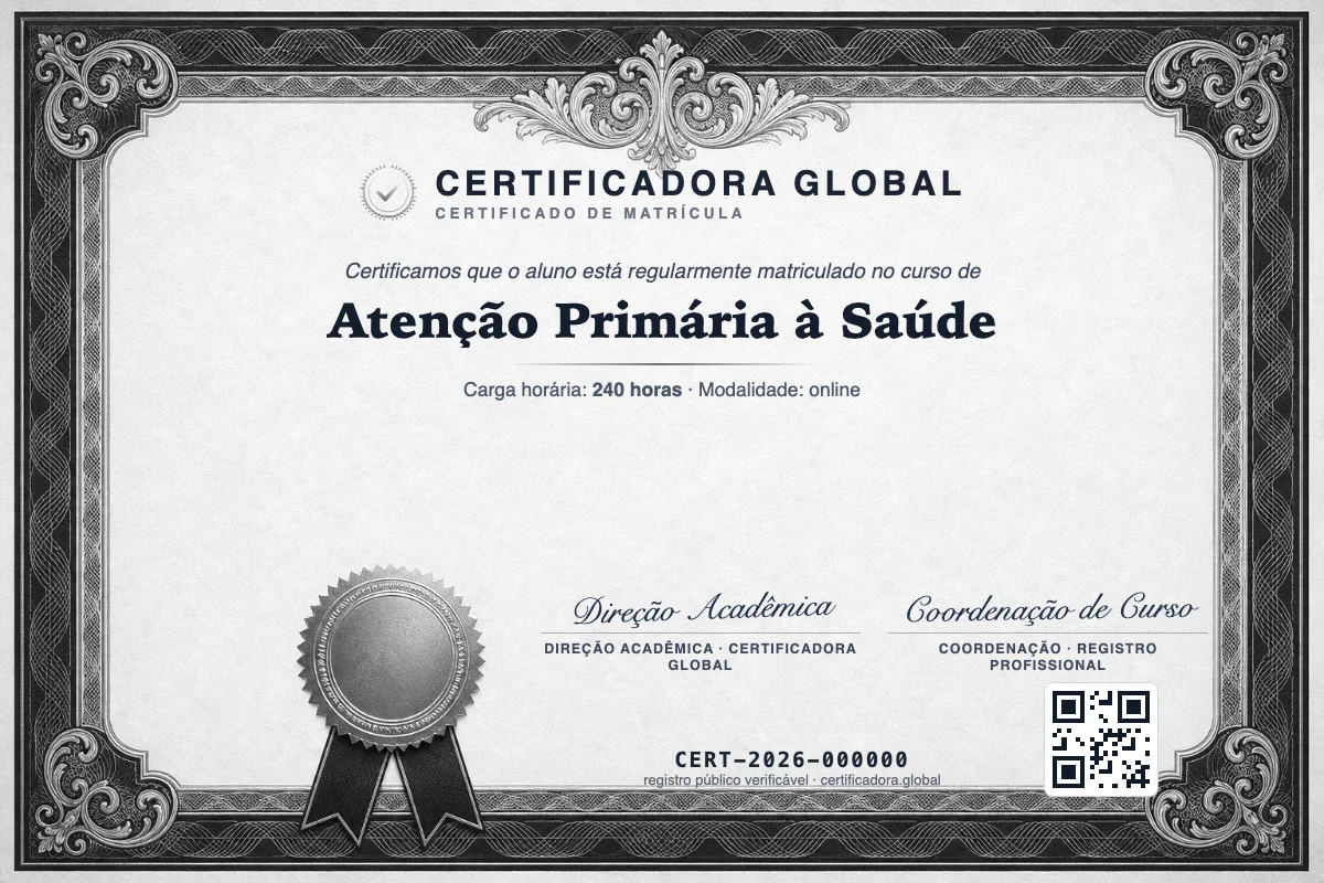 Declaração de Matrícula do curso de Atenção Primária à Saúde, com registro público e QR Code. Documento de exemplo.