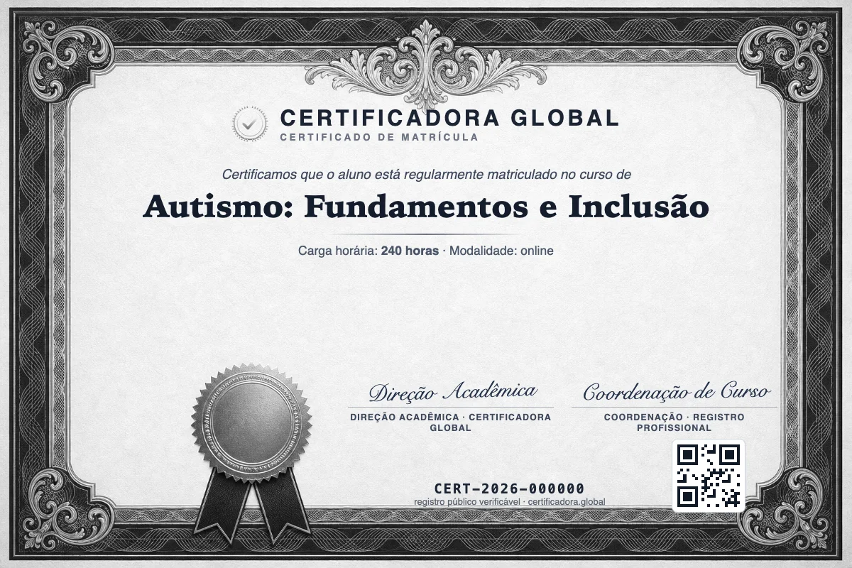 Declaração de Matrícula do curso de Autismo: Fundamentos e Inclusão, com registro público e QR Code. Documento de exemplo.
