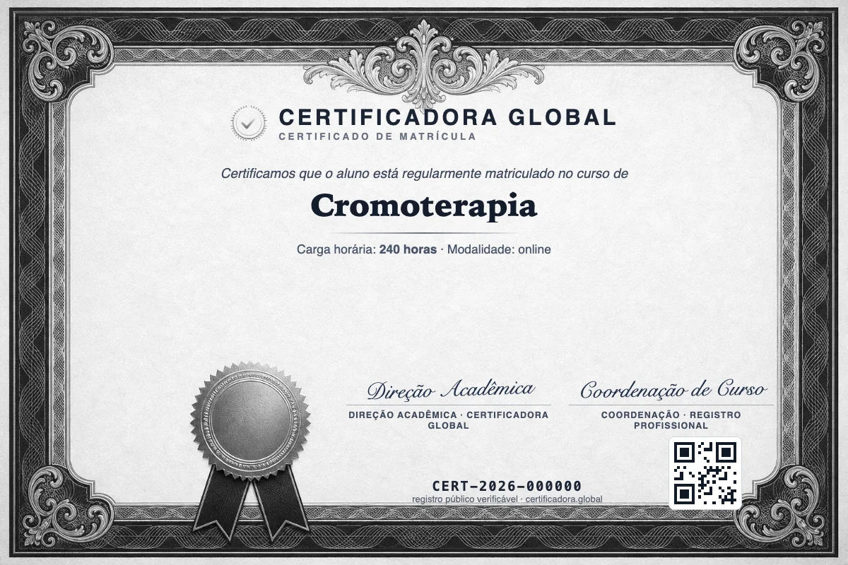 Declaração de Matrícula do curso de Cromoterapia, com registro público e QR Code. Documento de exemplo.